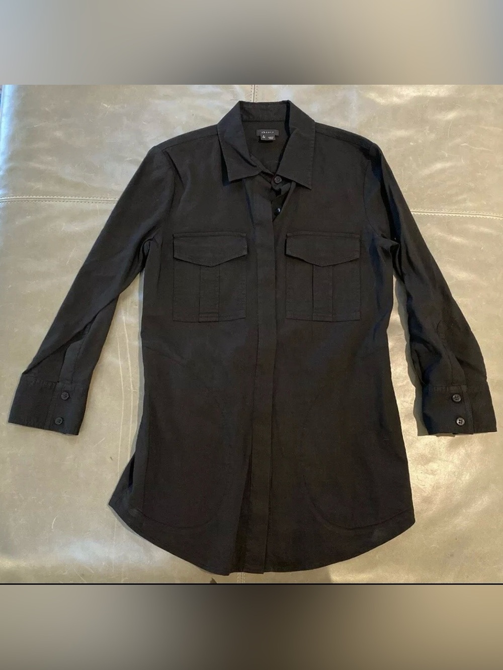 Theory Womens Marandel Button Down Shirt Brown Stretch Linen XL $215